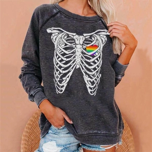Charcoal grey washed sweatshirt with skeleton rib cage and rainbow heart print