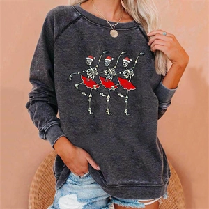 Detailed view of skull ballerinas print on dark gray Christmas sweatshirt for women