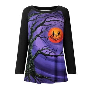 Detail of Halloween gothic long sleeve tee with orange moon and black raven print