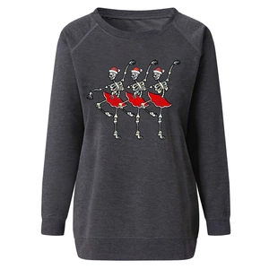 Detail of Christmas ballerina skeletons print on dark grey long sleeve sweatshirt