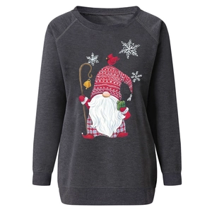 Detail of Christmas gnome print on dark gray long sleeve crewneck sweatshirt
