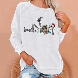 Detail of Christmas skeleton print on white long sleeve sweatshirt with ribbed neck