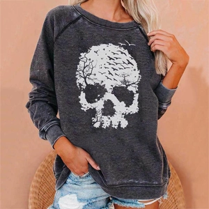 Detail of loose charcoal grey Halloween sweatshirt with white skull and bird print motif