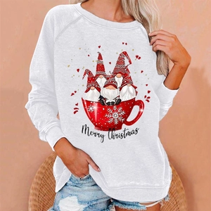 White crewneck sweatshirt detail featuring cute Christmas gnomes print and Merry Christmas text