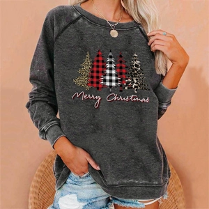 Detail of Christmas tree print and Merry Christmas text on grey long sleeve sweatshirt