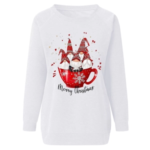 Detail of Christmas gnomes in a red mug print on a white crewneck sweatshirt