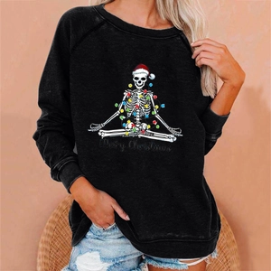 Women's black Christmas sweatshirt with meditating skeleton and colorful lights
