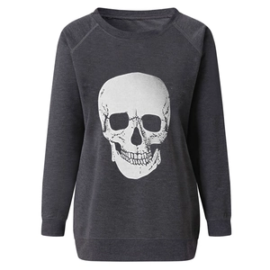 Detailed close-up of dark grey sweatshirt featuring large white skull graphic and ribbed cuffs