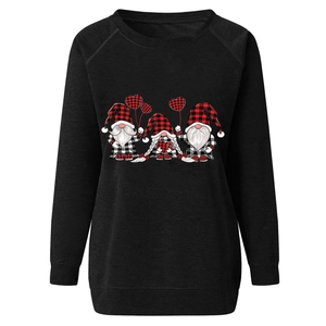 Detail of Christmas gnomes print on black crewneck sweatshirt with ribbed cuffs