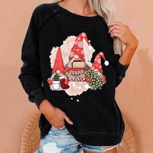 Detail of black Christmas gnome sweatshirt with Happy Holidays print and raglan sleeves
