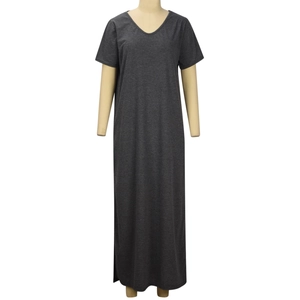 Women's casual dark grey V-neck short sleeve maxi dress with side slits and soft fabric