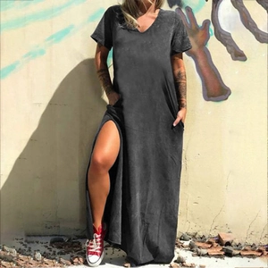 Washed black V-neck short sleeve maxi dress with side slit and pockets in casual style