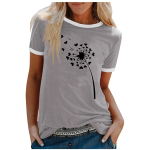 Detailed view of women's grey ringer T-shirt with heart dandelion graphic and white trims