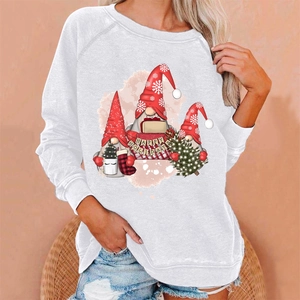 Detail shot of Christmas gnome print and Happy Holiday text on white cotton sweatshirt