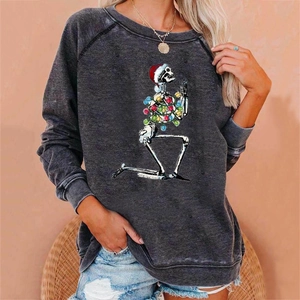 Close-up of ribbed neckline and creative Christmas skeleton print on charcoal sweatshirt