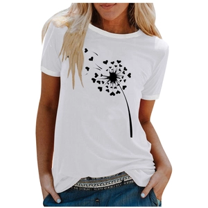 Detail of white cotton T-shirt featuring dandelion print with small heart-shaped seeds