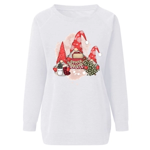 Detail view of a white Christmas sweatshirt featuring three festive gnomes and Happy Holidays text