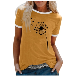 Detail of a mustard yellow T-shirt showing ringer style white trim and dandelion heart print