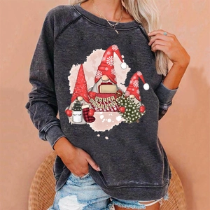 Loose dark grey Christmas sweatshirt with holiday gnomes and Happy Holiday print