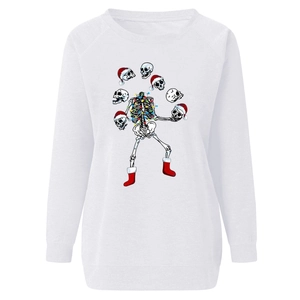 Detail of white Christmas sweatshirt with festive skeleton print and colorful lights