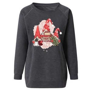 Detail of Christmas gnomes and Happy Holidays print on dark grey crewneck sweatshirt