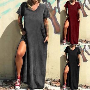 Women's Casual V-Neck Short Sleeve Maxi Dress Cotton Blend Side Slit Pocket Loose Streetwear Long Dress
