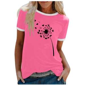 Detail of rose pink t-shirt featuring dandelion heart print and white contrast neckline