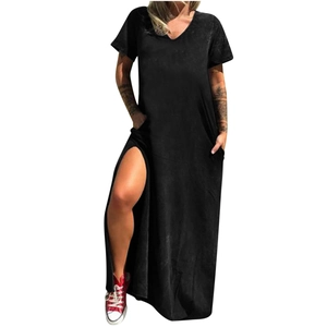 Women's casual black short sleeve V-neck maxi dress with high slit and side pockets