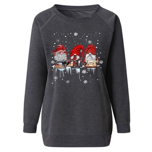 Detail view of charcoal gray sweatshirt featuring Christmas gnomes sewing pattern