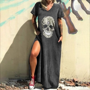 Robe longue à col en V avec imprimé crâne léopard, fentes latérales et poches en gris anthracite