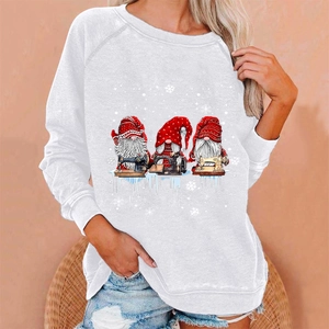 Detail of Christmas gnomes sewing print on white crewneck sweatshirt for women