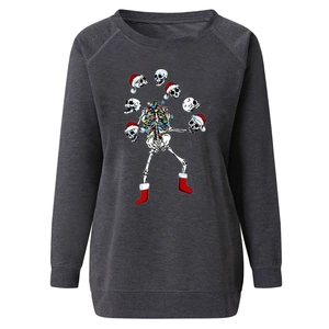 Detail of creative Christmas skull print on grey crewneck sweatshirt for women