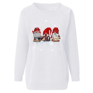 Detail of Christmas gnomes sewing print on white crewneck sweatshirt with ribbed edges