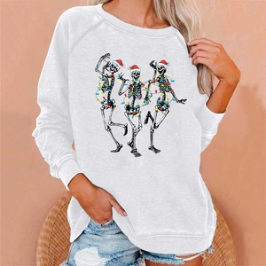 Close-up of skeleton with Christmas lights print on white crewneck sweatshirt