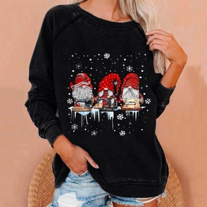 Detail view of Christmas gnomes sewing print on black loose crewneck sweatshirt
