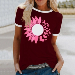 Close-up of burgundy women's T-shirt with sunflower and heart graphic print