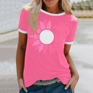 Detail of pink t-shirt with heart sunflower print and white contrast crew neck