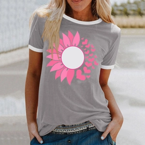 Close-up of pink sunflower and heart print on dark grey t-shirt with white contrast edges
