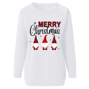 Close-up of Merry Christmas gnome print on white long sleeve crewneck sweatshirt