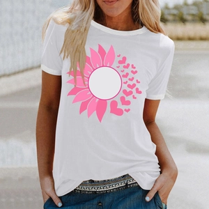 Close-up of pink sunflower and heart print on a white short-sleeve cotton T-shirt