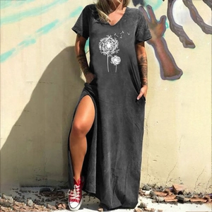 Dark grey V-neck maxi dress featuring dandelion print, short sleeves and side slit detail