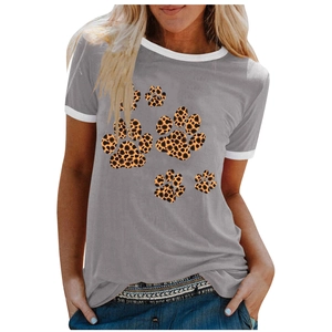 Detail of grey short sleeve T-shirt with leopard paw prints and white contrast neckline