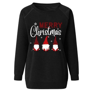 Detail shot of Merry Christmas gnome print on black crewneck sweatshirt for women