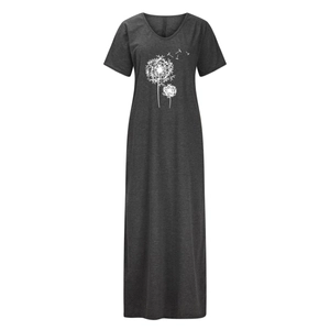 Detail of V-neck short sleeve dress in dark grey with dandelion print and soft fabric