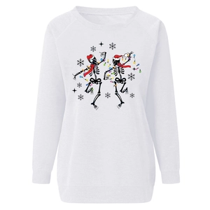 Close-up of dancing skeletons with Christmas hats print on white crewneck sweatshirt