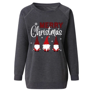 Detail of Christmas gnomes and Merry Christmas print on dark grey cotton sweatshirt