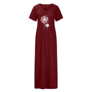 Detail of V-neck maxi dress in wine red with white dandelion print and side slit