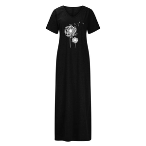 Close-up of black V-neck maxi dress featuring a realistic white dandelion print