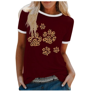 Detail of burgundy summer t-shirt featuring contrast white trim and leopard print paw prints