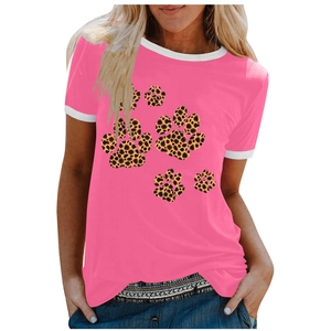 Pink women's T-shirt detail showing leopard print paw patterns and white contrast neck